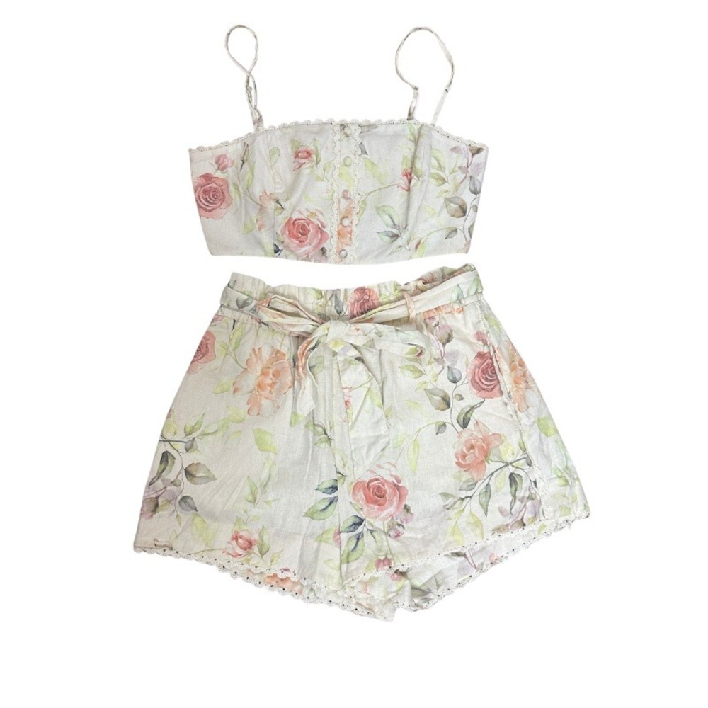 Caroline Constas Floral Linen Blend Crochet Belted Set Crop Top & Shorts Small - Picture 3 of 10